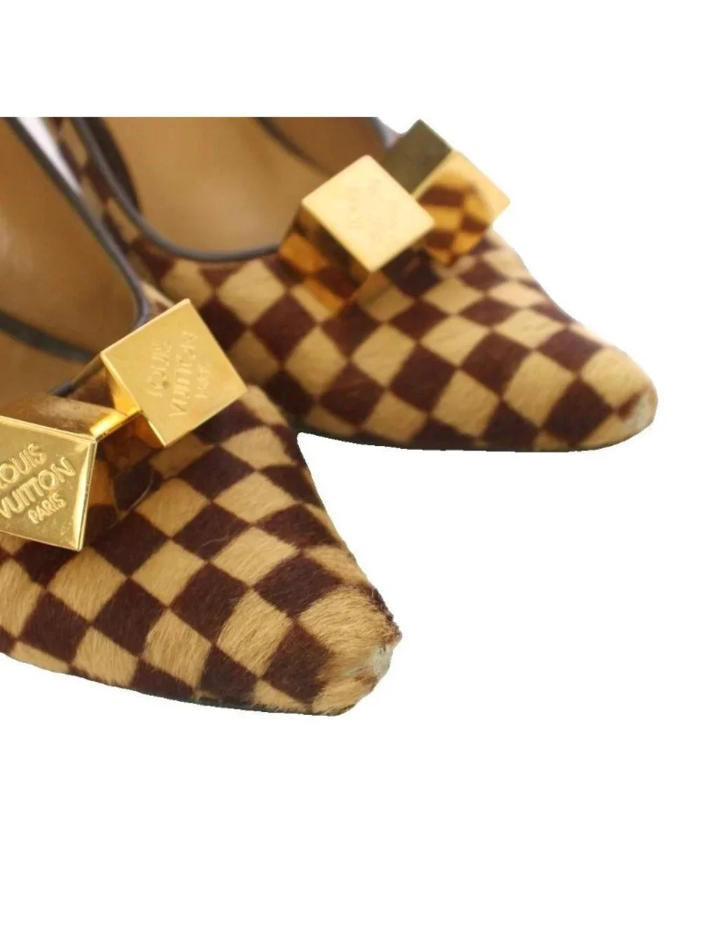 Louis Vuitton Damier Sauvage Calf Hair Pumps Pointed Toe 38 Beige Brown TK Heel